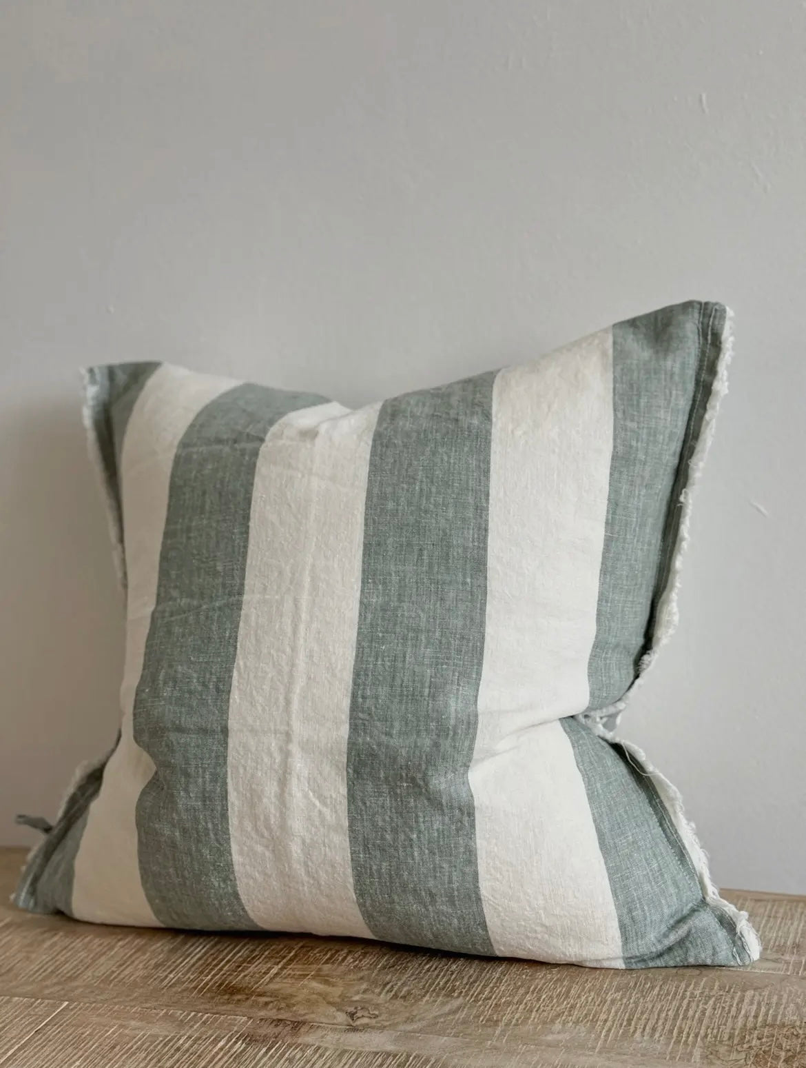 Esmee Frayed Edge Linen Cushion Cover - Teal Wide Stripe