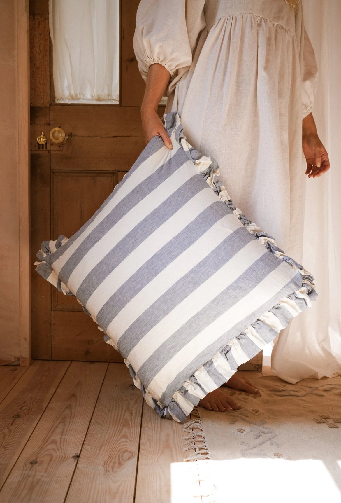 Blue - The Brighton Pavilion Bold Stripe Washed Linen Cushion 60x60cm