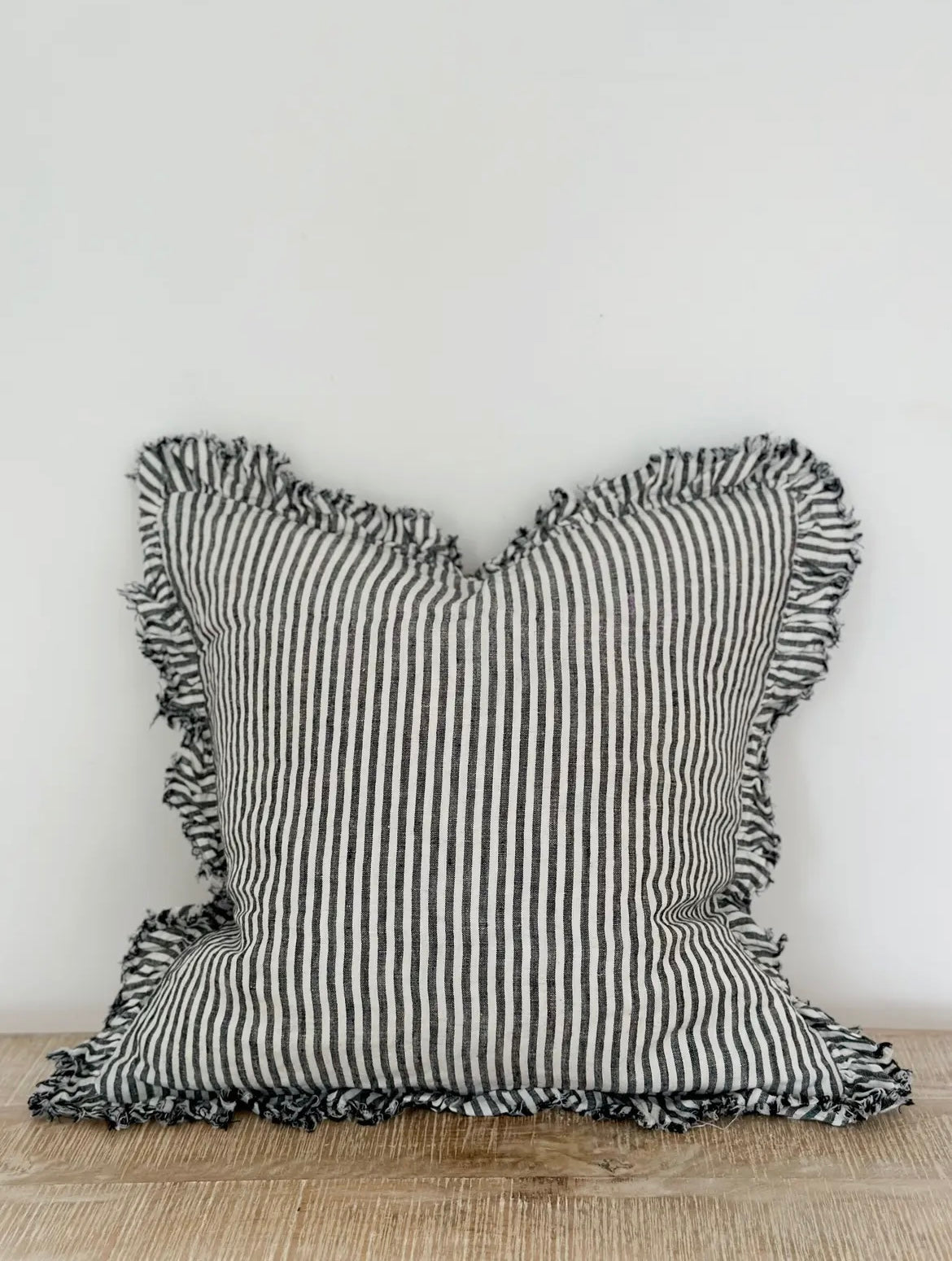 Hallie Ruffled Linen Cushion Cover - Charcoal Stripe