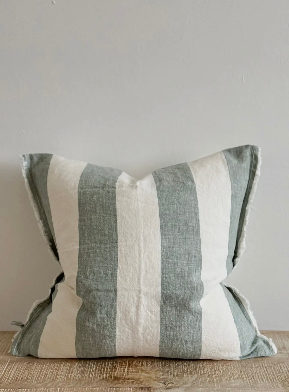 Esmee Frayed Edge Linen Cushion Cover - Teal Wide Stripe