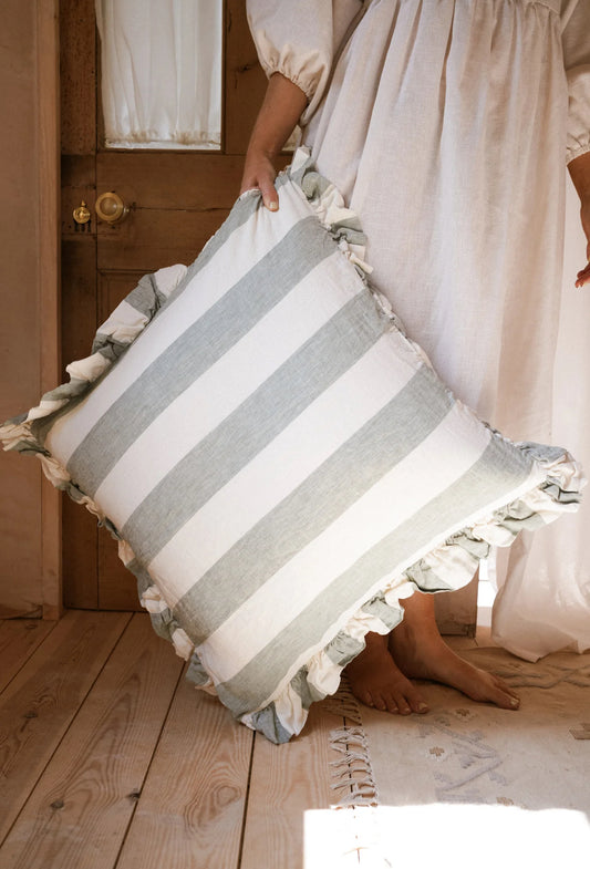 Sage Green - The Brighton Pavilion Bold Stripe Washed Linen Cushion 60x60cm