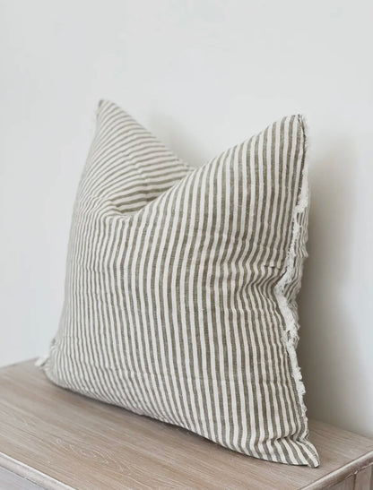 Esmee Linen Cushion Cover - Frayed Edge Olive Stripe