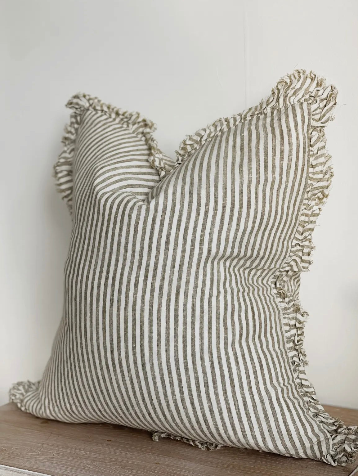 Hallie Ruffled Linen Cushion Cover - Olive Stripe